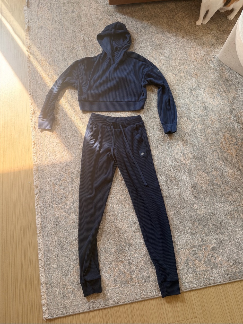 ALO Yoga Women's Navy Ribbed Hoodie & Joggers Set